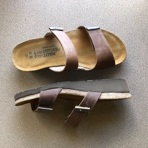 NAOT Tan Leather Slide On Shoes